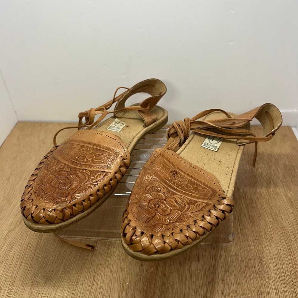 Huarache Sandals Womens 5 Tan Good Tooled Leather Lace Up Mexican Flat Unbranded